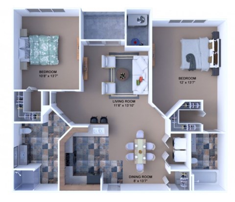 Floor plan for 2 beds, 2 baths, 982 sqft