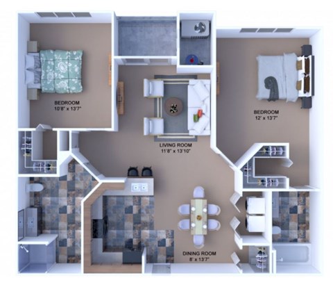 Floor plan for 2 beds, 2 baths, 976 sqft