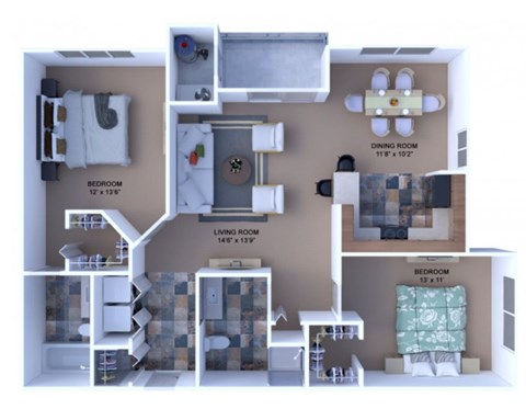Floor plan for 2 beds, 2 baths, 1076 sqft
