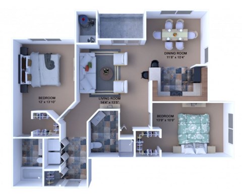 Floor plan for 2 beds, 2 baths, 1072 sqft