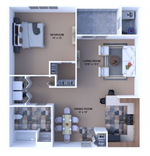 Floor plan for 1 bed, 1 bath, 766 sqft