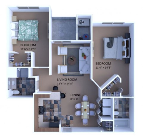 Floor plan for 2 beds, 2 baths, 991 sqft