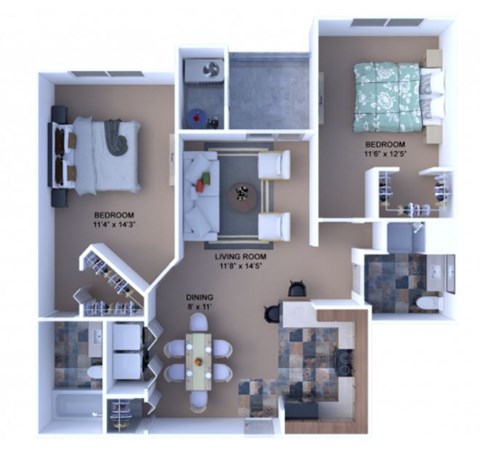 Floor plan for 2 beds, 2 baths, 991 sqft