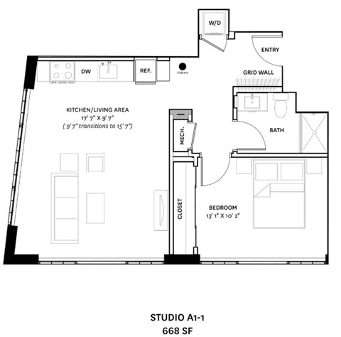 Floor plan for studio, 1 bath, 668 sqft
