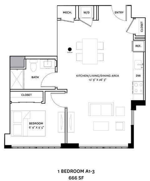 Floor plan for 1 bed, 1 bath, 666 sqft