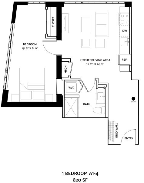 Floor plan for 1 bed, 1 bath, 620 sqft
