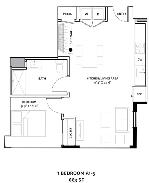Floor plan for 1 bed, 1 bath, 663 sqft