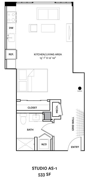 Floor plan for studio, 1 bath, 533 sqft