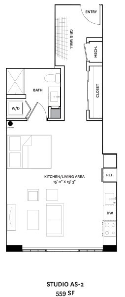 Floor plan for studio, 1 bath, 559 sqft