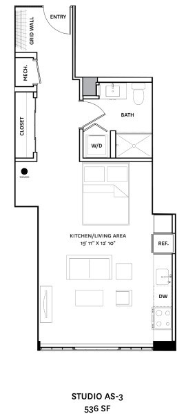 Floor plan for studio, 1 bath, 536 sqft