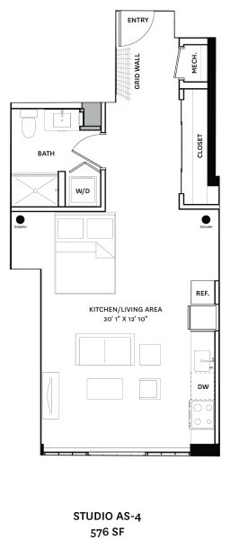 Floor plan for studio, 1 bath, 576 sqft