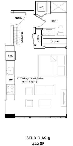 Floor plan for studio, 1 bath, 422 sqft