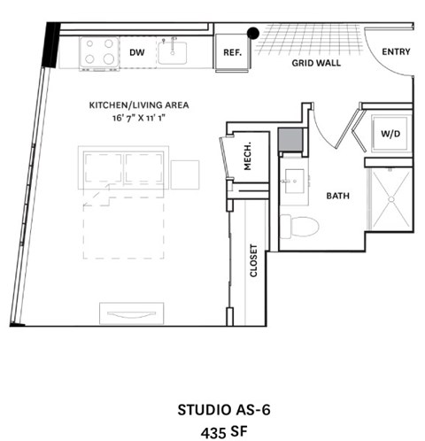 Floor plan for studio, 1 bath, 435 sqft