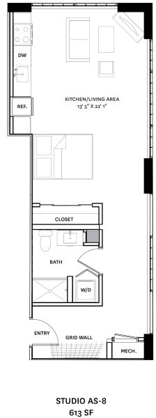 Floor plan for studio, 1 bath, 613 sqft