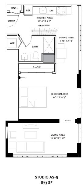 Floor plan for studio, 1 bath, 673 sqft