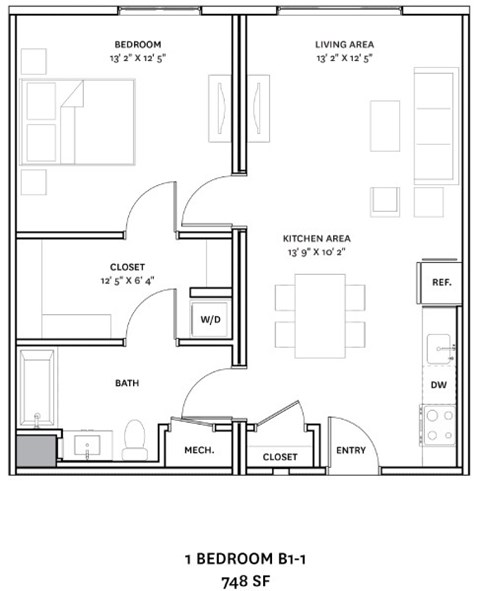 Floor plan for 1 bed, 1 bath, 744 sqft