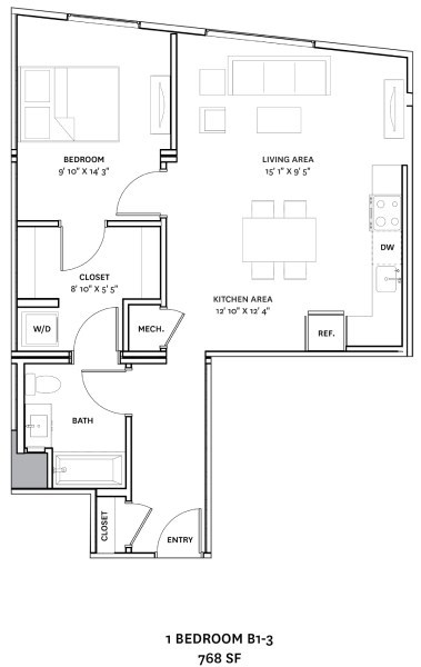 Floor plan for 1 bed, 1 bath, 768 sqft