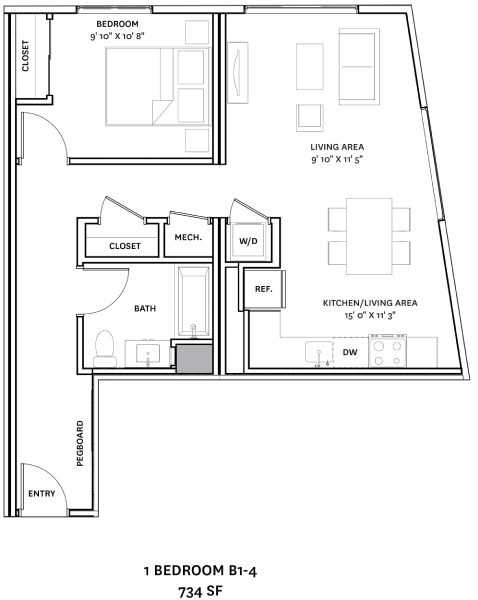 Floor plan for 1 bed, 1 bath, 734 sqft