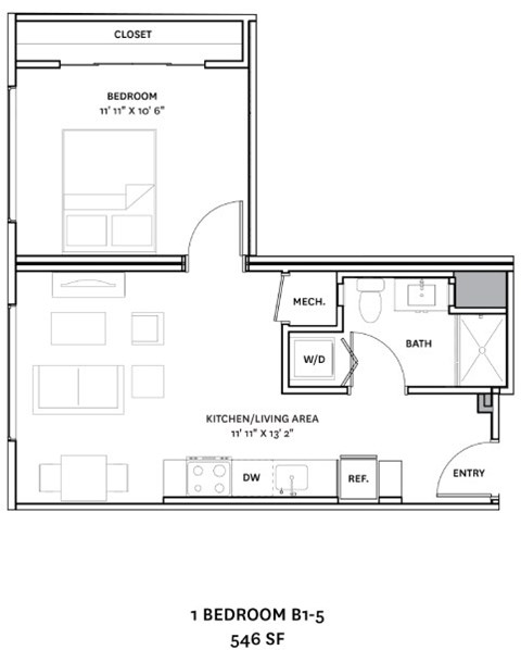 Floor plan for 1 bed, 1 bath, 546 sqft