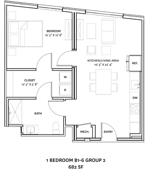 Floor plan for 1 bed, 1 bath, 684 sqft