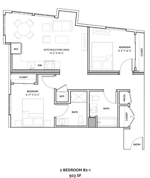Floor plan for 2 beds, 2 baths, 923 sqft