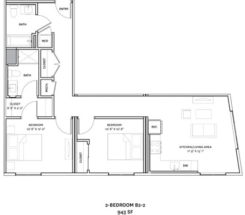 Floor plan for 2 beds, 2 baths, 932 sqft