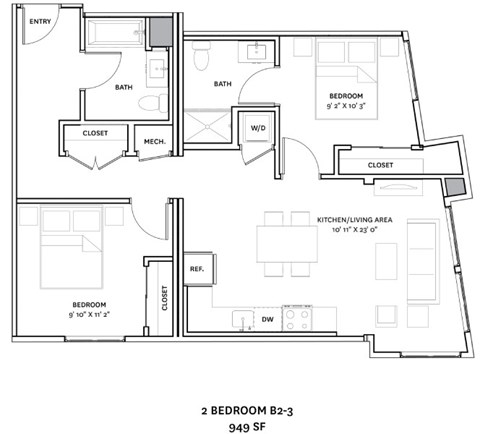 Floor plan for 2 beds, 2 baths, 949 sqft