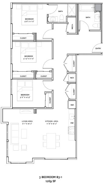 Floor plan for 3 beds, 2 baths, 1273 sqft