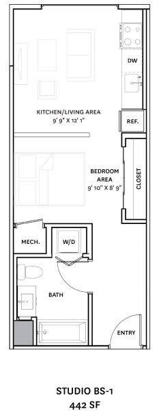 Floor plan for studio, 1 bath, 451 sqft