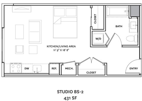Floor plan for studio, 1 bath, 454 sqft