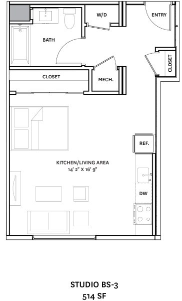 Floor plan for studio, 1 bath, 514 sqft