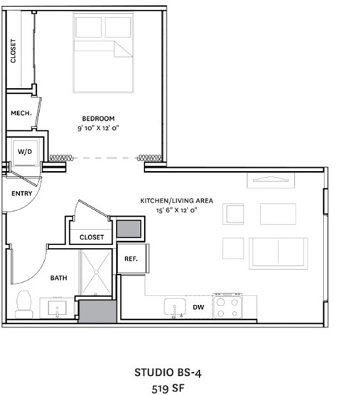 Floor plan for studio, 1 bath, 594 sqft