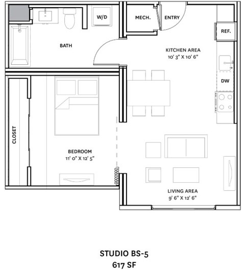 Floor plan for studio, 1 bath, 617 sqft