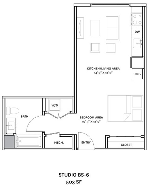 Floor plan for studio, 1 bath, 503 sqft