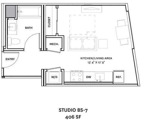 Floor plan for studio, 1 bath, 406 sqft