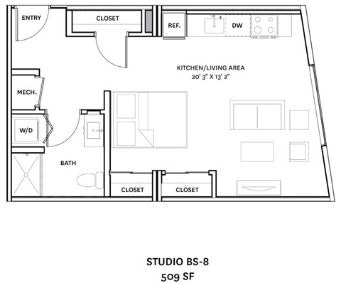 Floor plan for studio, 1 bath, 509 sqft