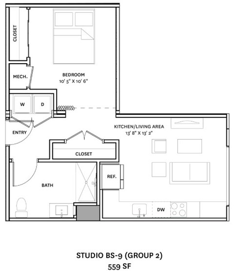 Floor plan for studio, 1 bath, 559 sqft