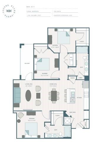 Floor plan for 3 beds, 2 baths, 1340 sqft
