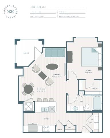 Floor plan for 1 bed, 1 bath, 800 sqft