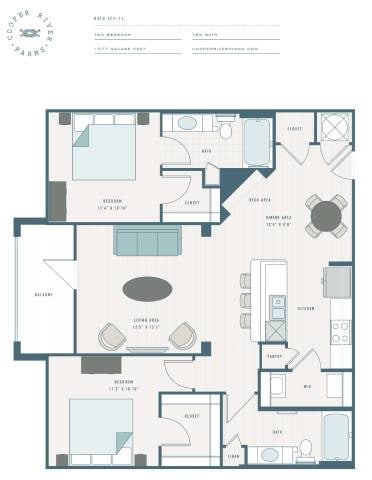 Floor plan for 2 beds, 2 baths, 1077 sqft