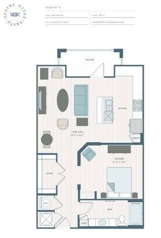 Floor plan for studio, 1 bath, 812 sqft