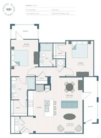 Floor plan for 2 beds, 2 baths, 1167 sqft