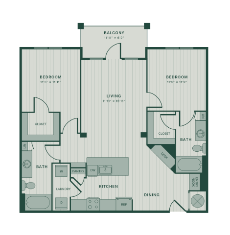 Floor plan for 2 beds, 2 baths, 1116 sqft