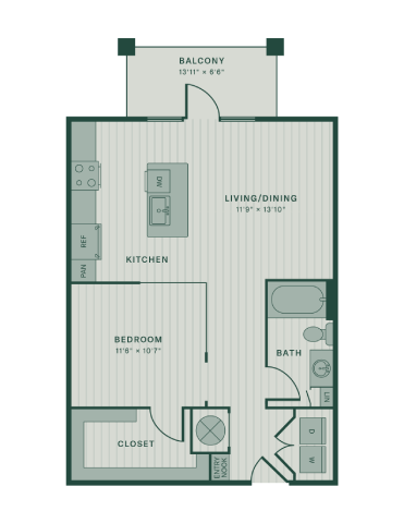 Floor plan for studio, 1 bath, 745 sqft