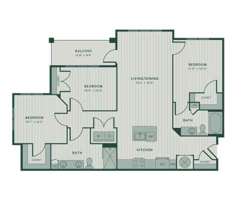 Floor plan for 3 beds, 2 baths, 1389 sqft