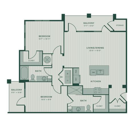 Floor plan for 2 beds, 2 baths, 1180 sqft