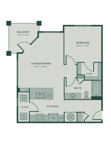 Floor plan for 1 bed, 1 bath, 775 sqft