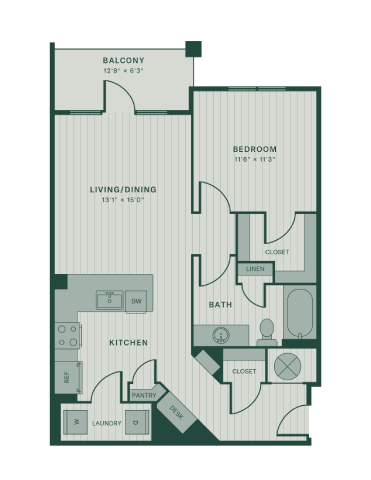 Floor plan for 1 bed, 1 bath, 825 sqft
