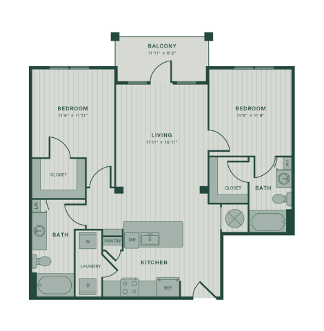 Floor plan for 2 beds, 2 baths, 1033 sqft