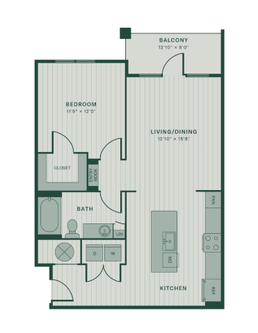 Floor plan for 1 bed, 1 bath, 822 sqft